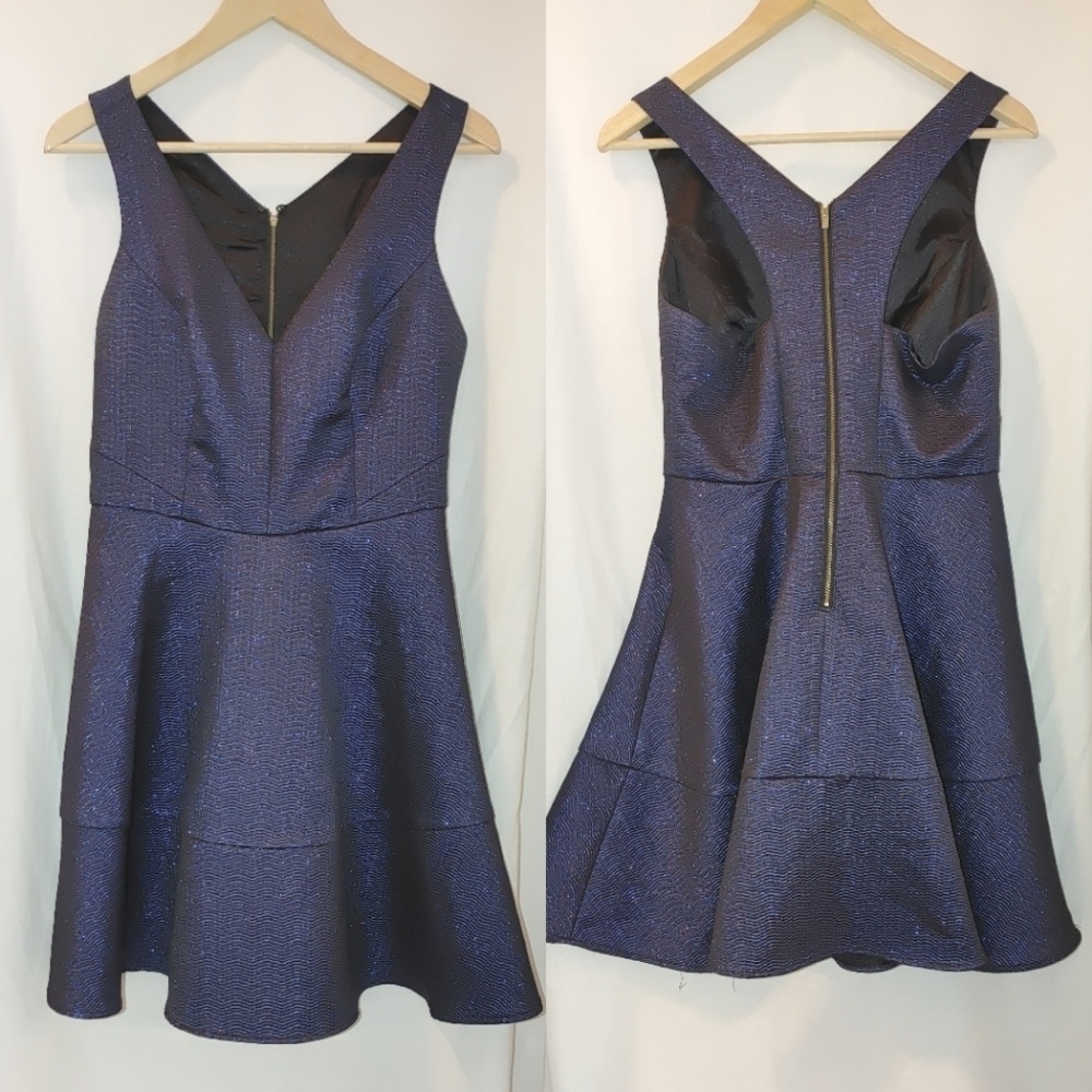 Express Purple Back Metallic Jacquard Racerback‎ Flounce Fit Flare Party Dress 8